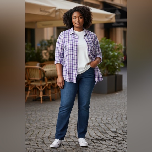 Lands' End Tops - Land’s End Women’s Purple Plaid Linen Cotton Blend Button Down Shirt Sz 2X